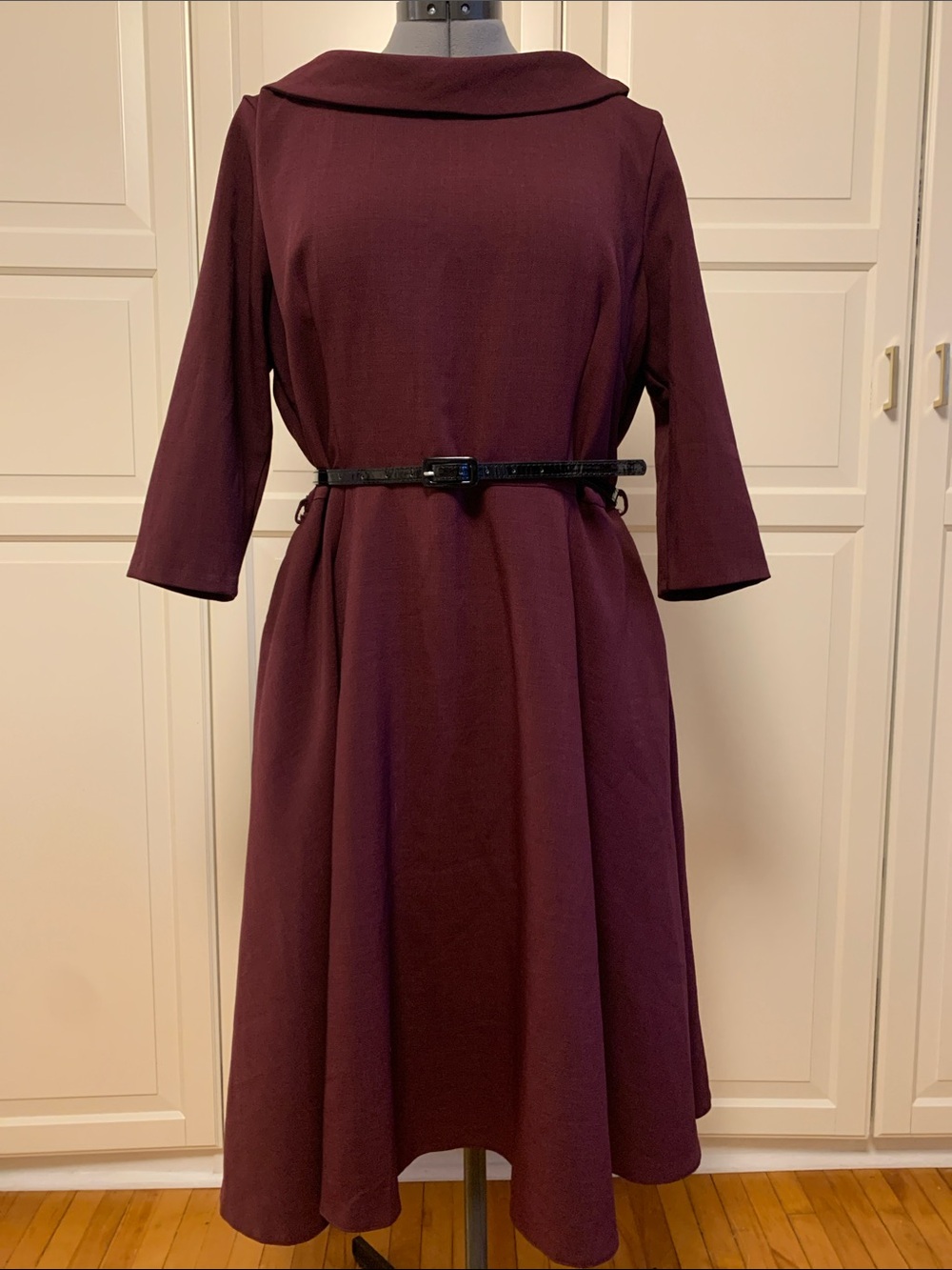Timeless Midi Dress in Deep Wine with Waist Belt by Pretty Dress Company